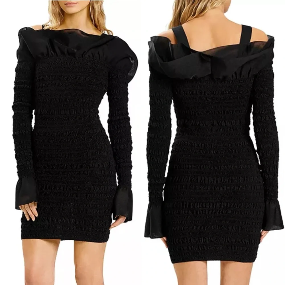 Herve Leger Black Puckered Ruffle Trim Mini Dress XXS NWT - Picture 1 of 7